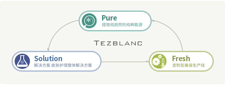 请关注TEZBLANC魔法般的服务。Pure-提取纯自然的纯粹能源, Solution-解决方案 皮肤护理整体解决方案, Fresh-	定制型美容生产线